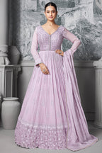 Lavender Purple Georgette Mirror and Sequin Bodice Anarkali Suit with Cutwork Floral Border - purple georgette saree