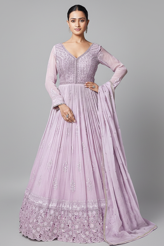 Lavender Purple Georgette Mirror and Sequin Bodice Anarkali Suit with Cutwork Floral Border - purple georgette saree Main image