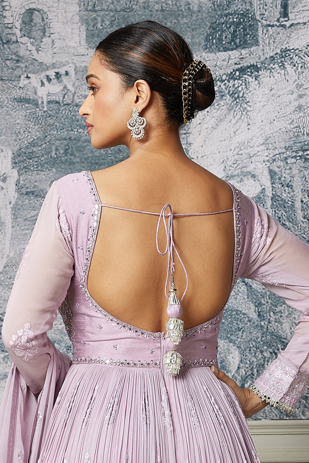 Lavender Purple Georgette Mirror and Sequin Bodice Anarkali Suit with Cutwork Floral Border - purple georgette saree