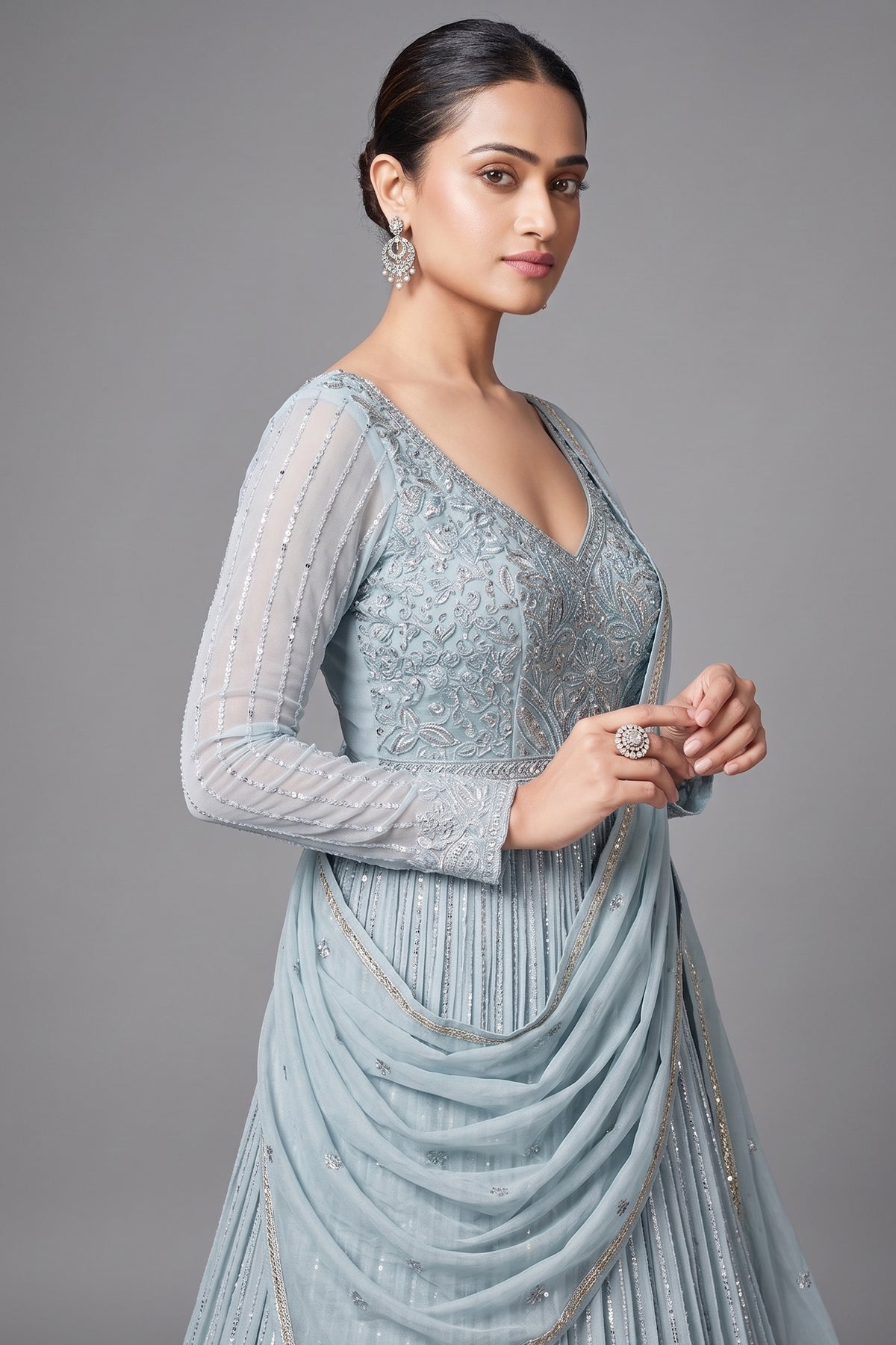 Mint Green Georgette Sequin Cutdana Bodice Anarkali Suit with Cutwork Floral Border - green georgette saree