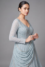 Mint Green Georgette Sequin Cutdana Bodice Anarkali Suit with Cutwork Floral Border - green georgette saree