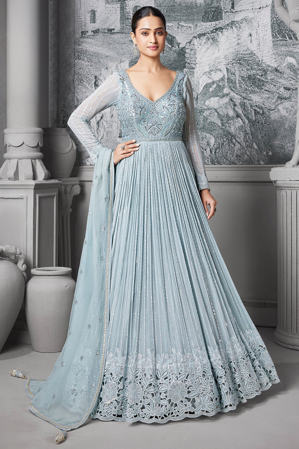 Mint Green Georgette Sequin Cutdana Bodice Anarkali Suit with Cutwork Floral Border - green georgette saree