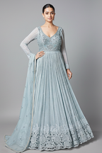 Mint Green Georgette Sequin Cutdana Bodice Anarkali Suit with Cutwork Floral Border - green georgette saree