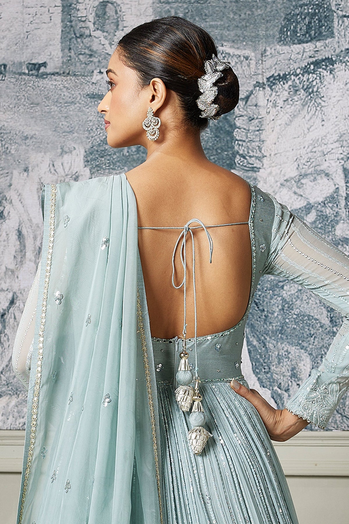 Mint Green Georgette Sequin Cutdana Bodice Anarkali Suit with Cutwork Floral Border - green georgette saree