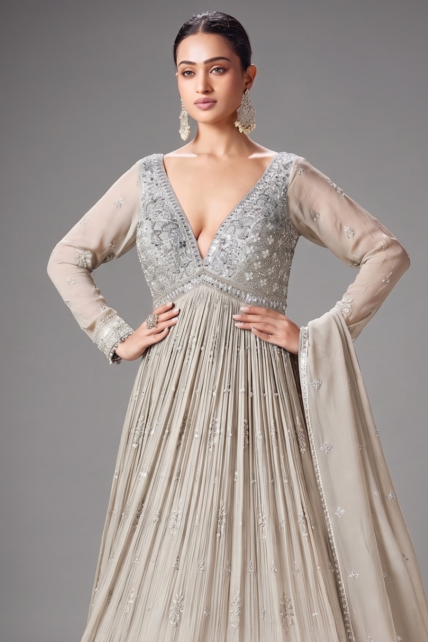 Silver Georgette Sequinned V Neck Anarkali Suit - silver georgette saree