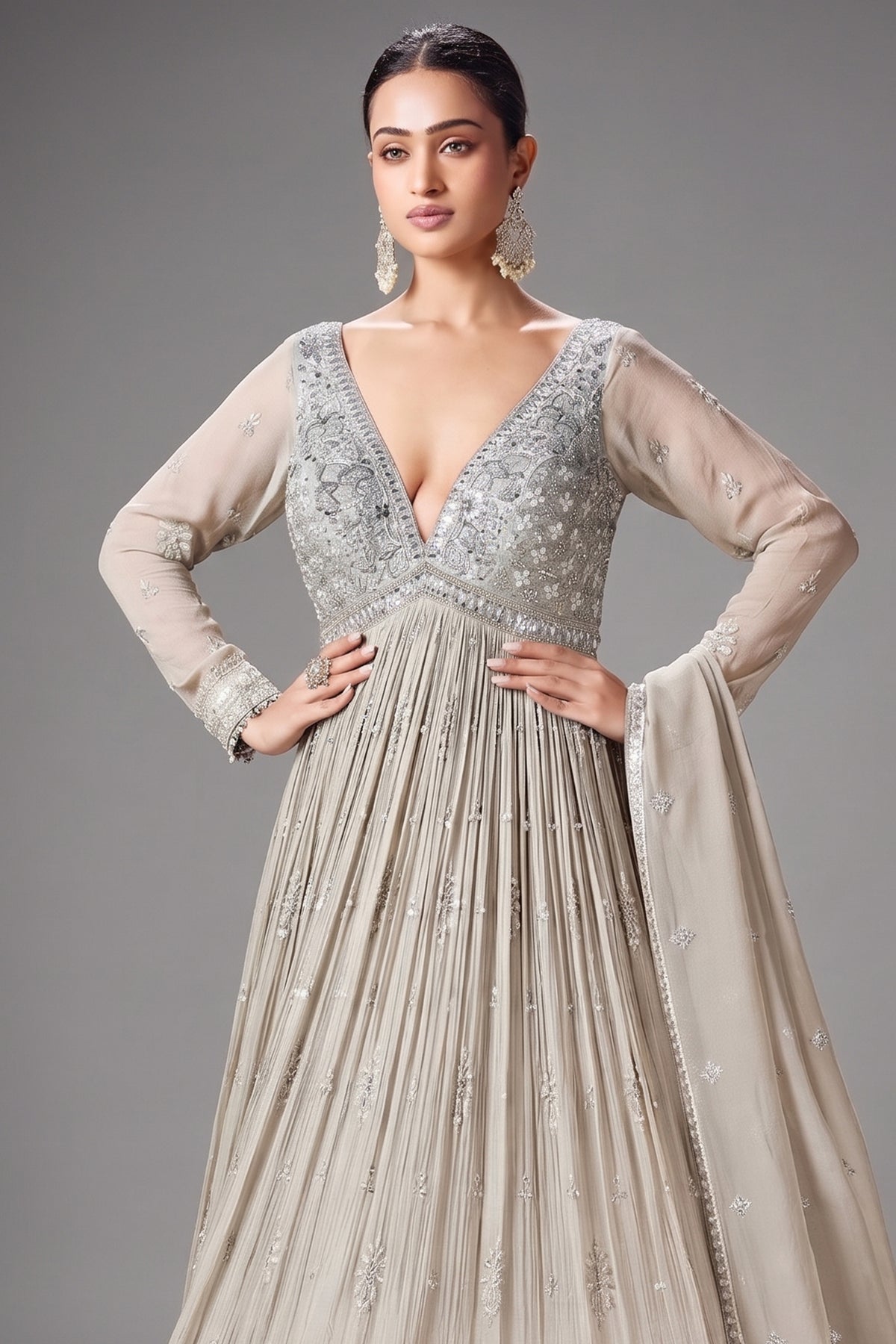 Silver Georgette Sequinned V Neck Anarkali Suit - silver georgette saree