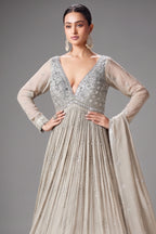 Silver Georgette Sequinned V Neck Anarkali Suit - silver georgette saree