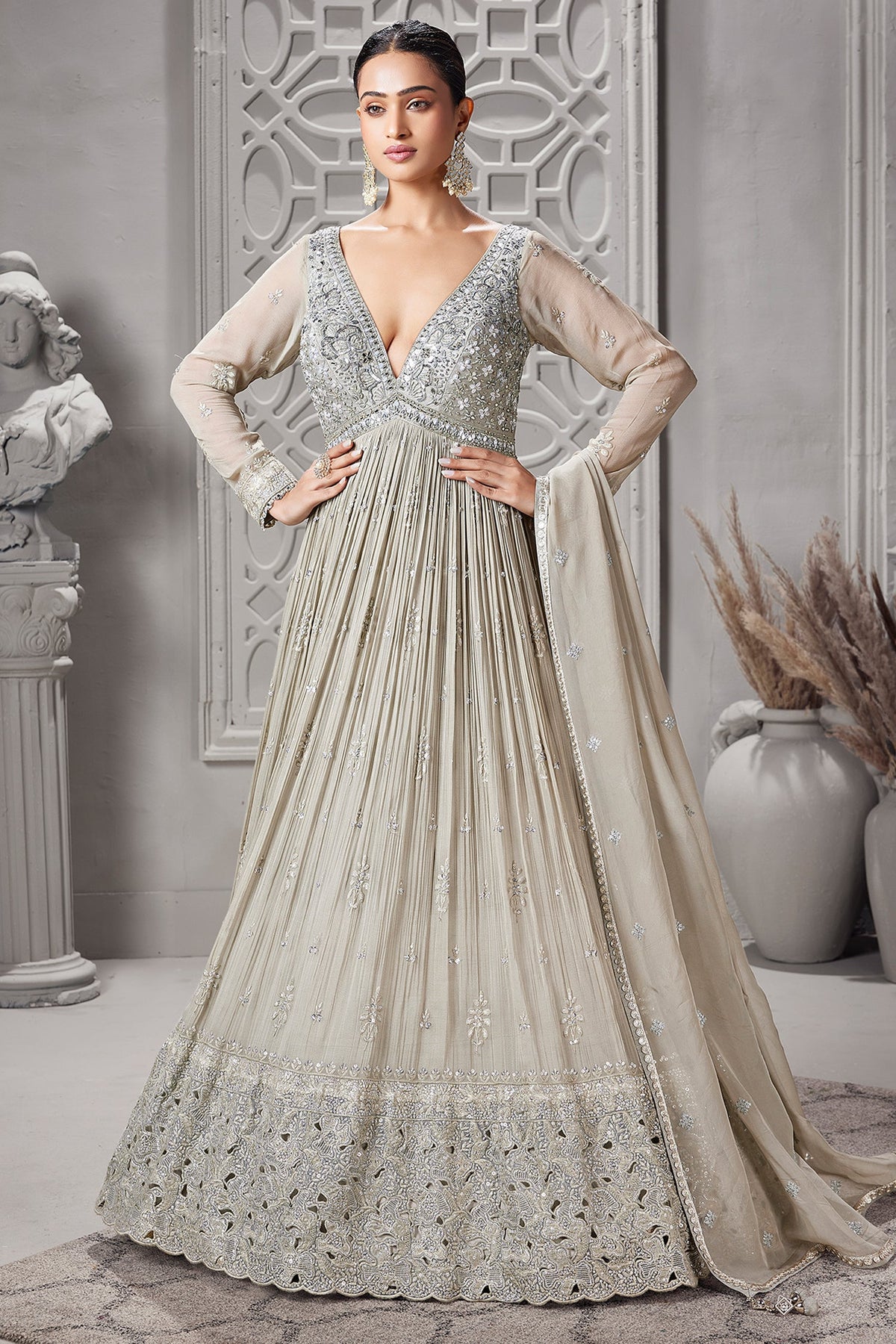 Silver Georgette Sequinned V Neck Anarkali Suit - silver georgette saree