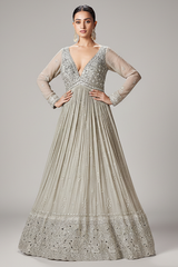 Silver Georgette Sequinned V Neck Anarkali Suit - silver georgette saree