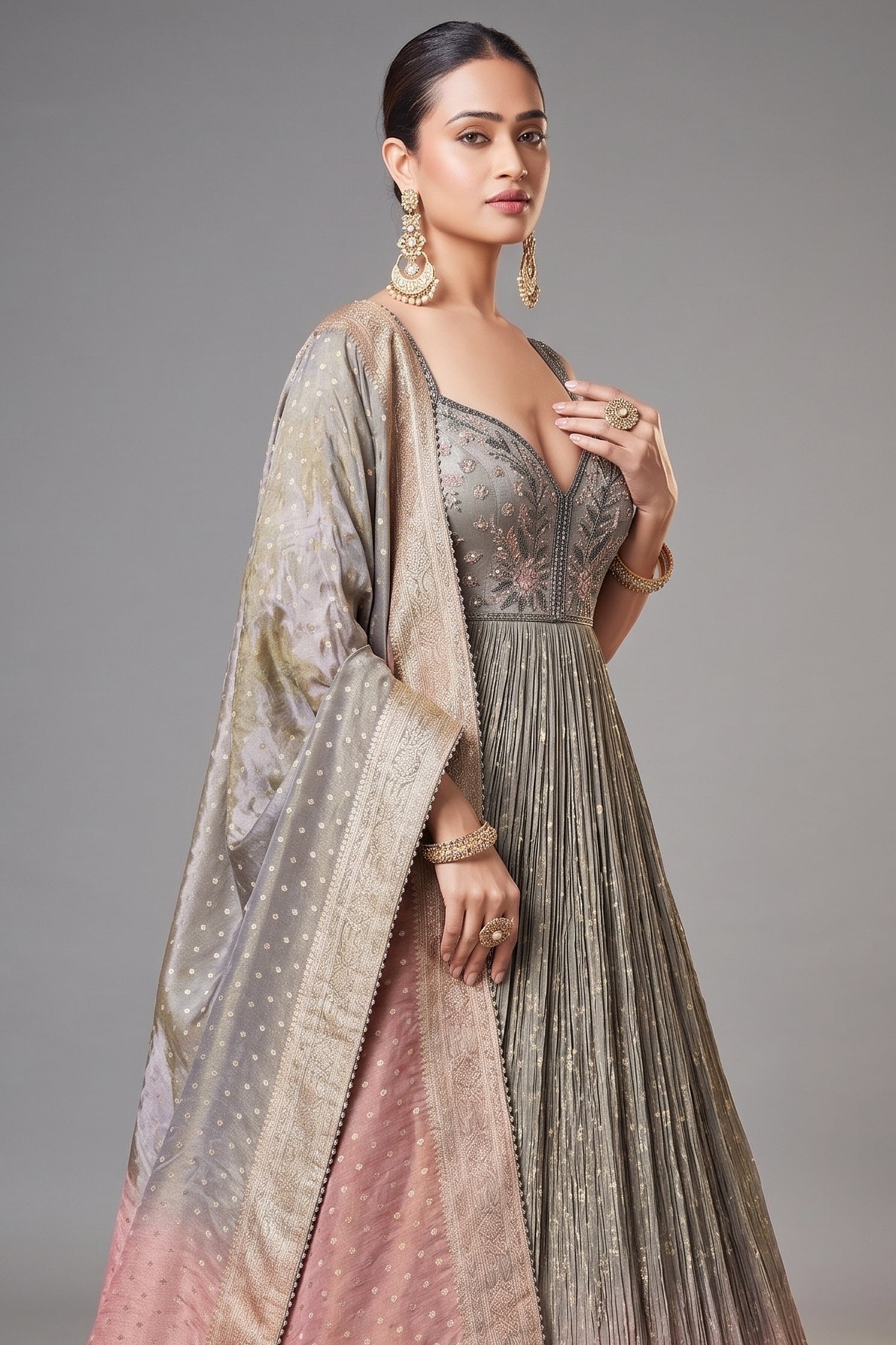Grey and Pink Tissue Anarkali Suit with Sequinned and Beads Work Secondary image