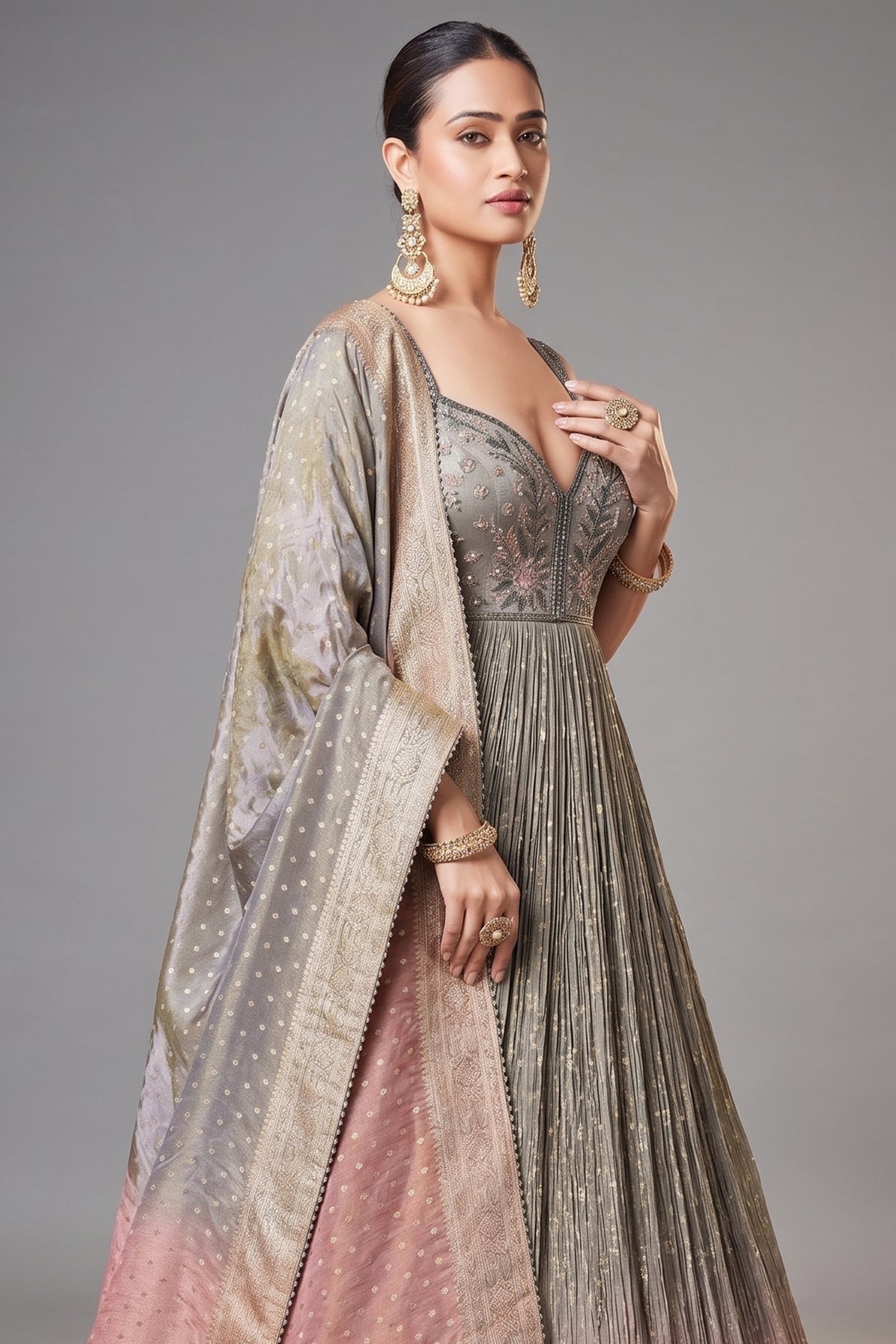 Grey and Pink Tissue Anarkali Suit with Sequinned and Beads Work - pink saree