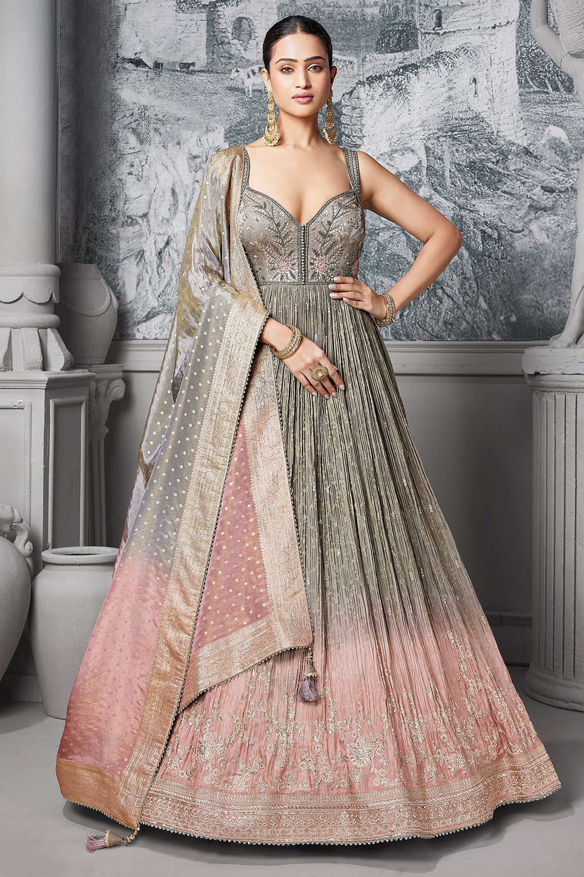 Grey and Pink Tissue Anarkali Suit with Sequinned and Beads Work - pink saree