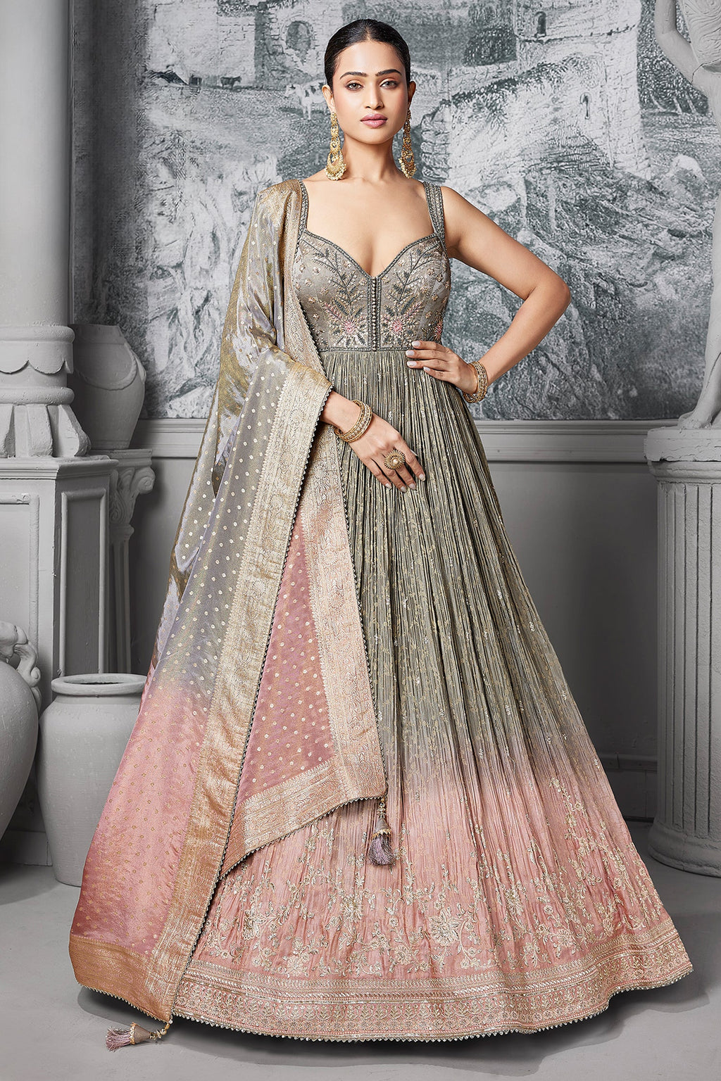 Grey and Pink Tissue Anarkali Suit with Sequinned and Beads Work - pink saree