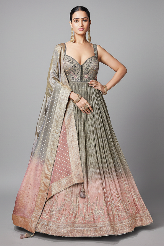 Grey and Pink Tissue Anarkali Suit with Sequinned and Beads Work - pink saree