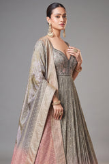 Grey and Pink Tissue Anarkali Suit with Sequinned and Beads Work - pink saree