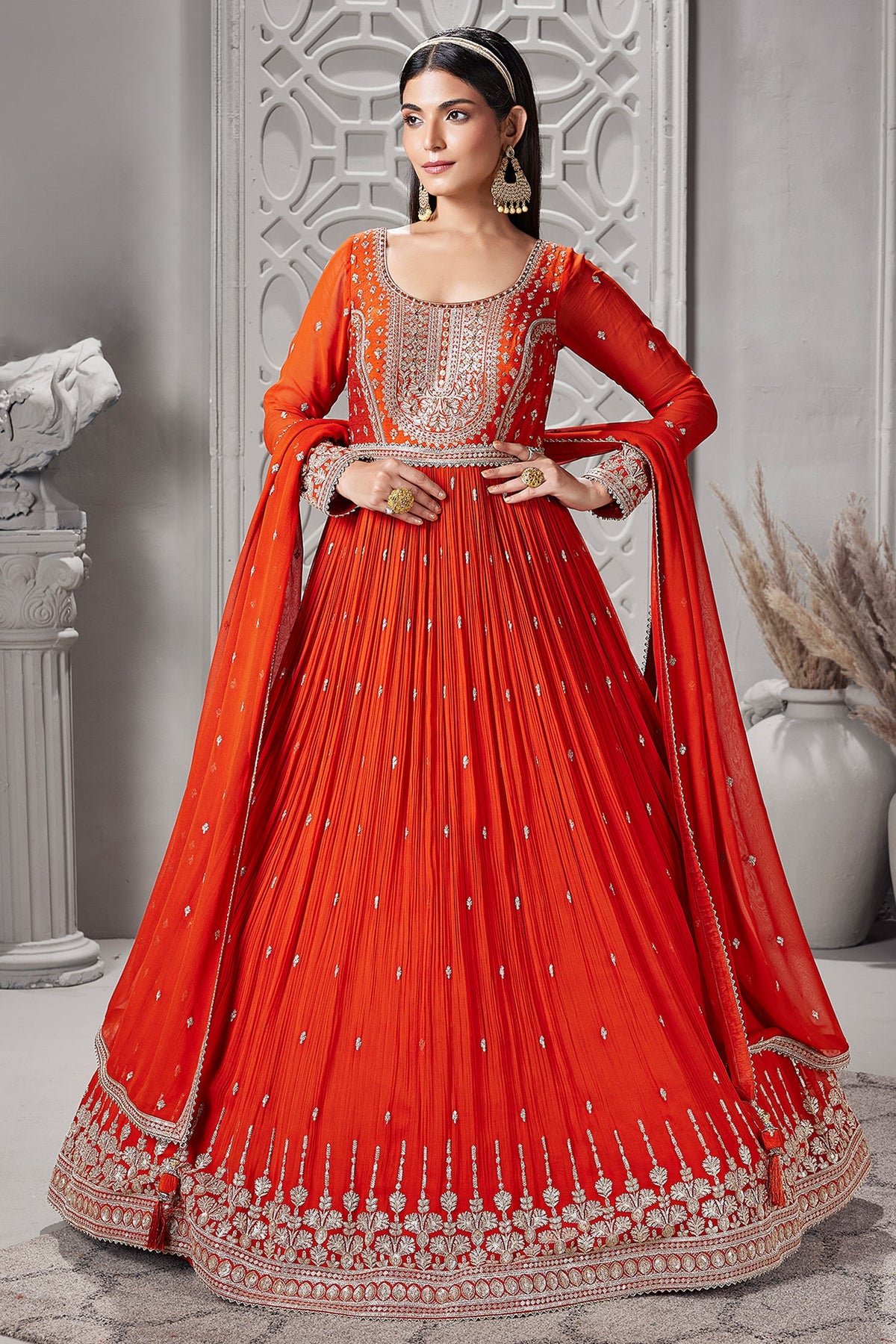 Orange Georgette Flared Sequinned Anarkali Suit