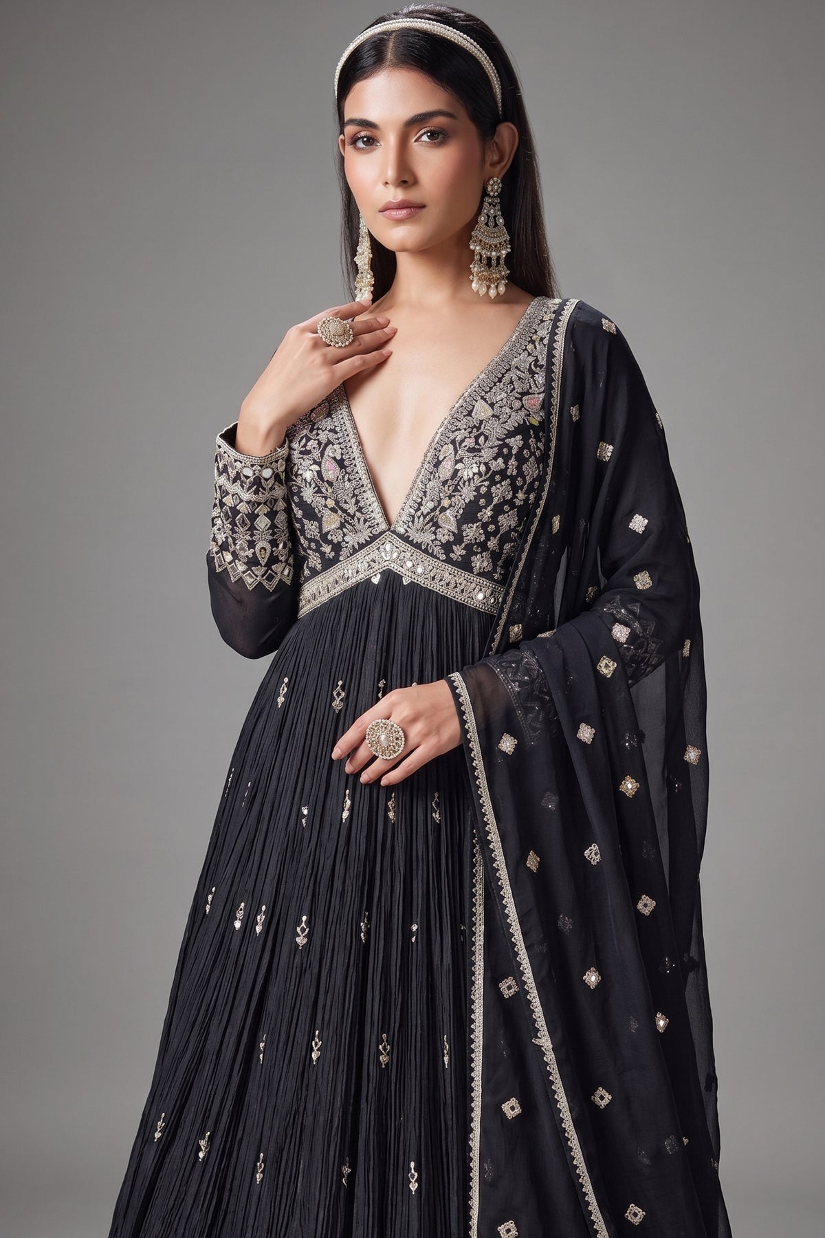 Black Chinon Mirror and Embroidered V Neck Anarkali Suit - red saree embroidered
