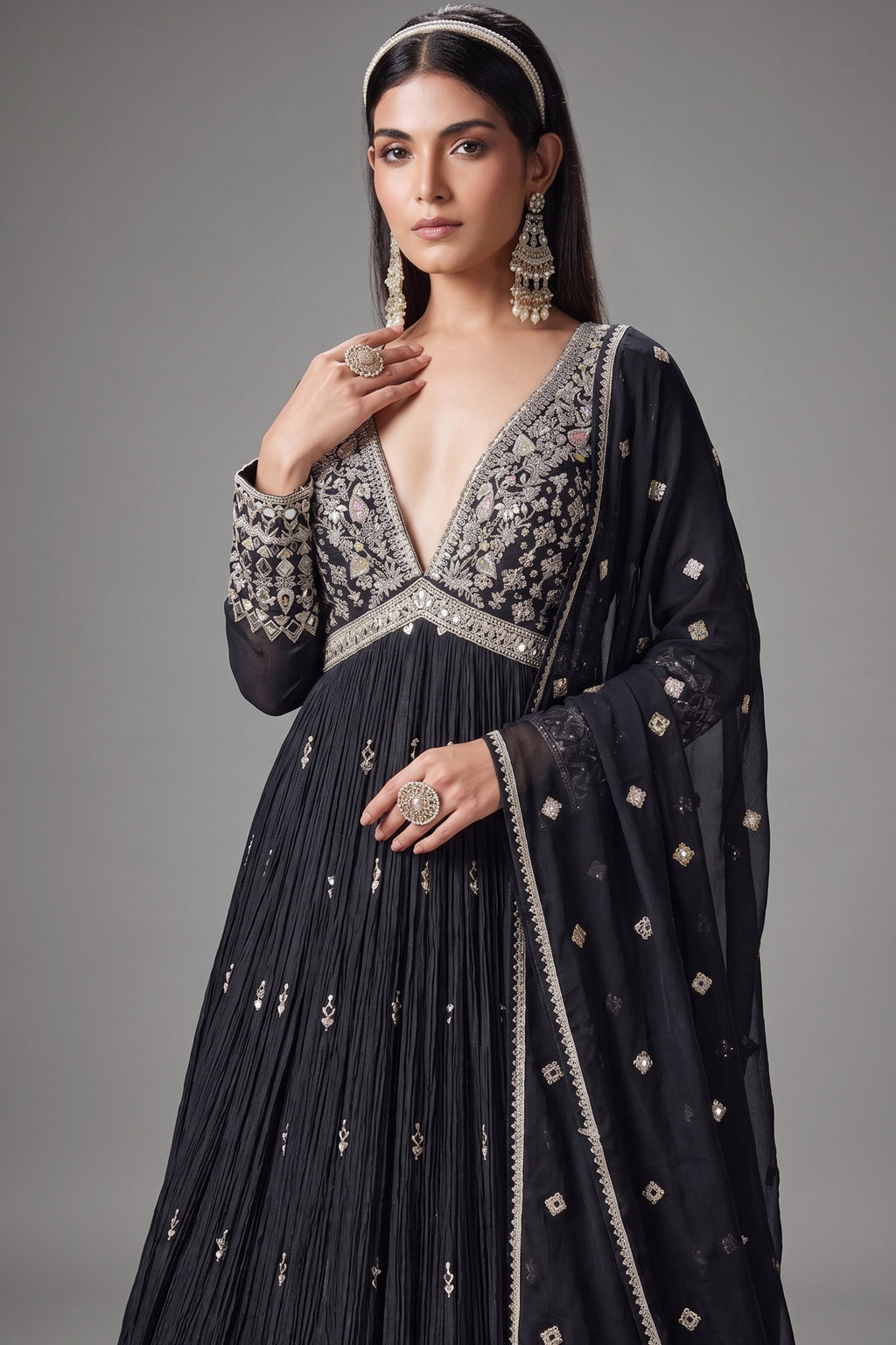 Black Chinon Mirror and Embroidered V Neck Anarkali Suit - red saree embroidered