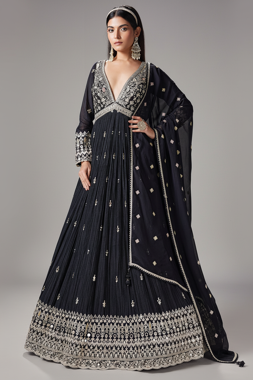 Black Chinon Mirror and Embroidered V Neck Anarkali Suit - red saree embroidered