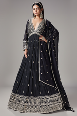 Black Chinon Mirror and Embroidered V Neck Anarkali Suit