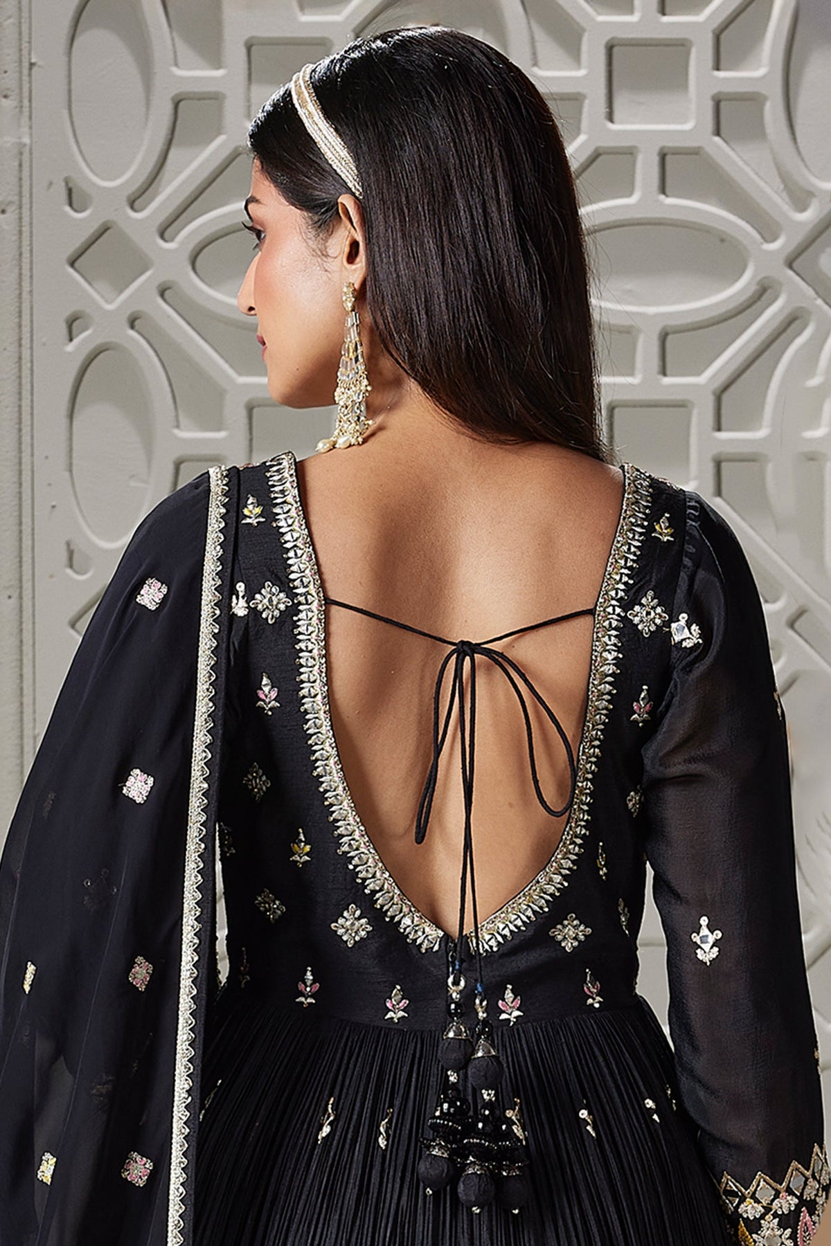 Black Chinon Mirror and Embroidered V Neck Anarkali Suit - red saree embroidered