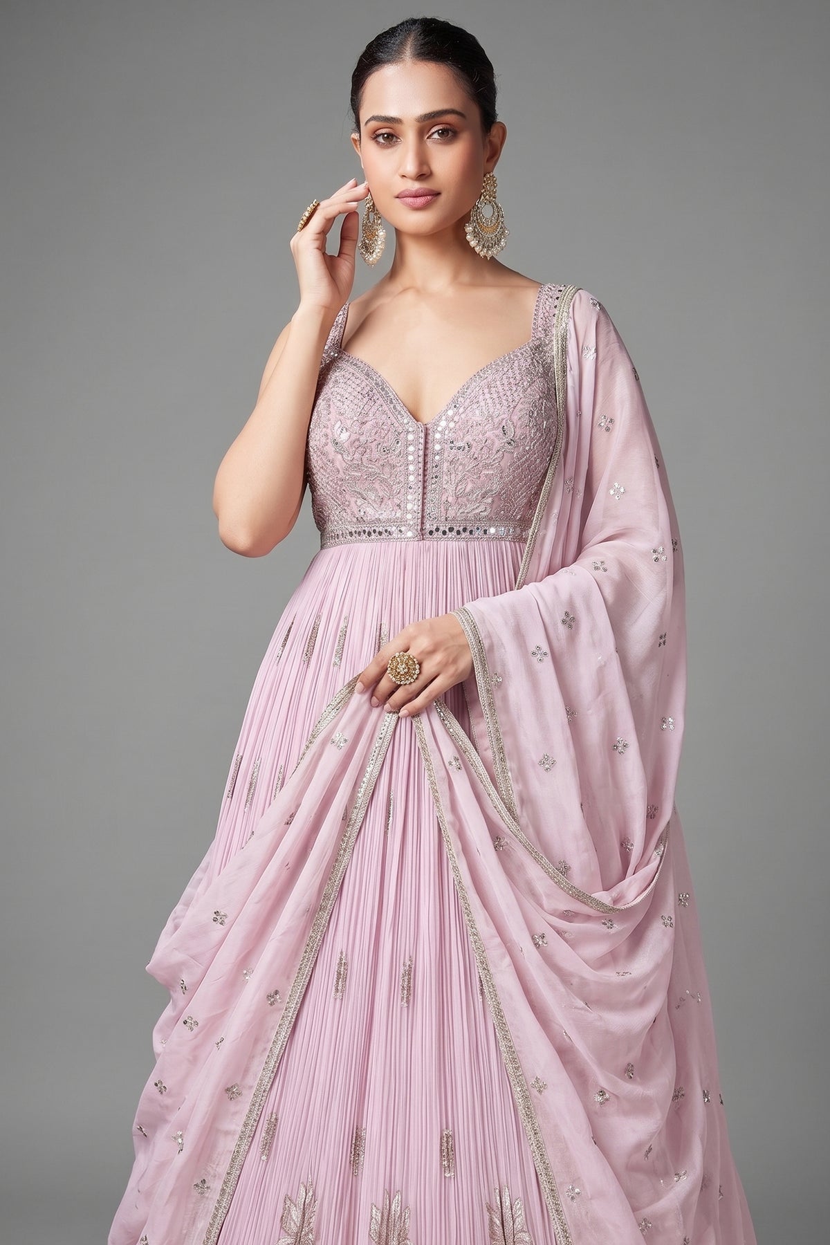 Light Pink Georgette Mirror Worked Anarkali Suit with Floral Embroidery Border - pink georgette saree embroidery