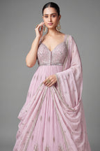 Light Pink Georgette Mirror Worked Anarkali Suit with Floral Embroidery Border - pink georgette saree embroidery