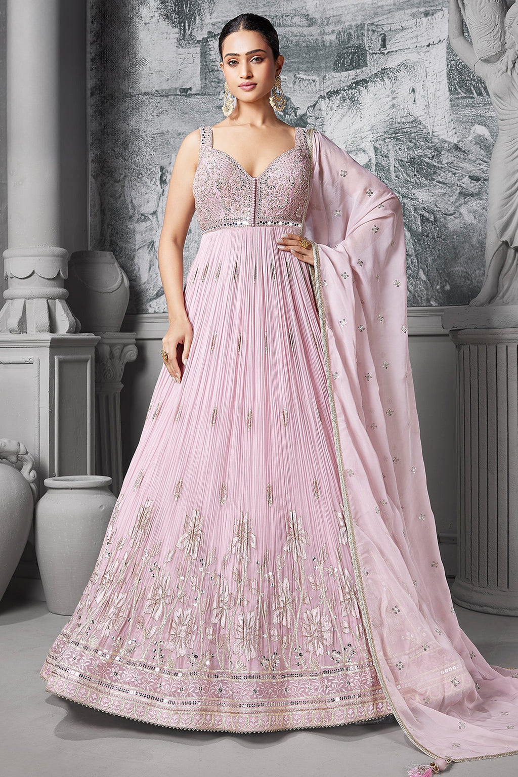 Light Pink Georgette Mirror Worked Anarkali Suit with Floral Embroidery Border - pink georgette saree embroidery