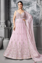Light Pink Georgette Mirror Worked Anarkali Suit with Floral Embroidery Border - pink georgette saree embroidery