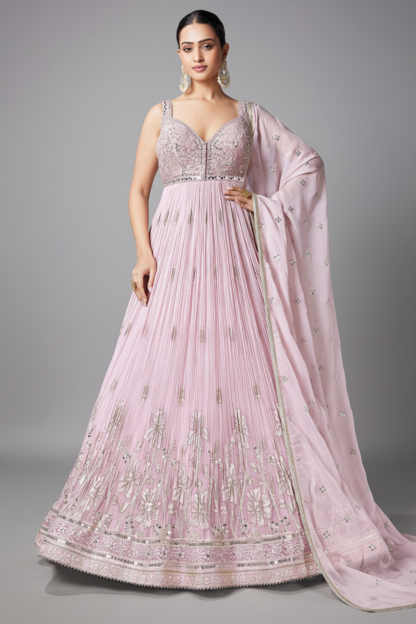 Light Pink Georgette Mirror Worked Anarkali Suit with Floral Embroidery Border - pink georgette saree embroidery Main image