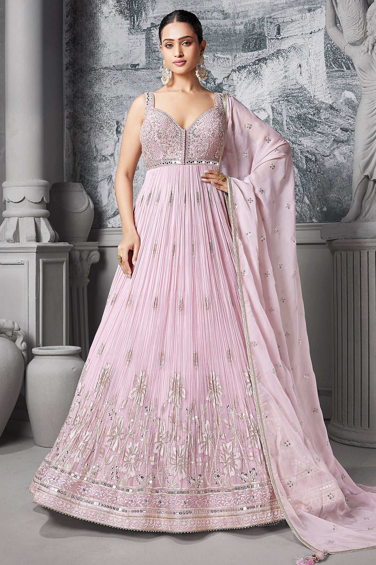 Light Pink Georgette Mirror Worked Anarkali Suit with Floral Embroidery Border