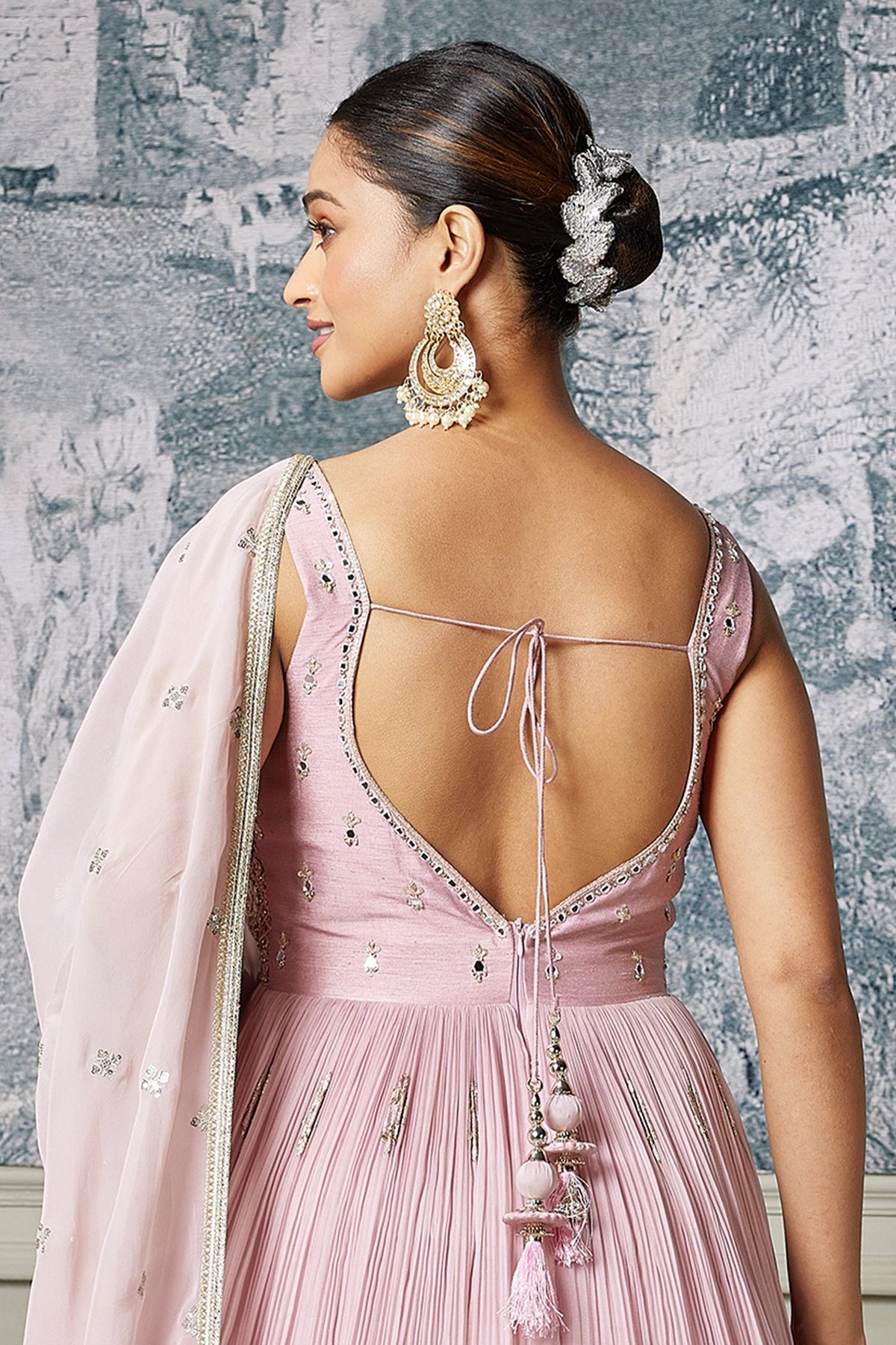 Light Pink Georgette Mirror Worked Anarkali Suit with Floral Embroidery Border - pink georgette saree embroidery