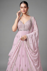 Light Pink Georgette Mirror Worked Anarkali Suit with Floral Embroidery Border
