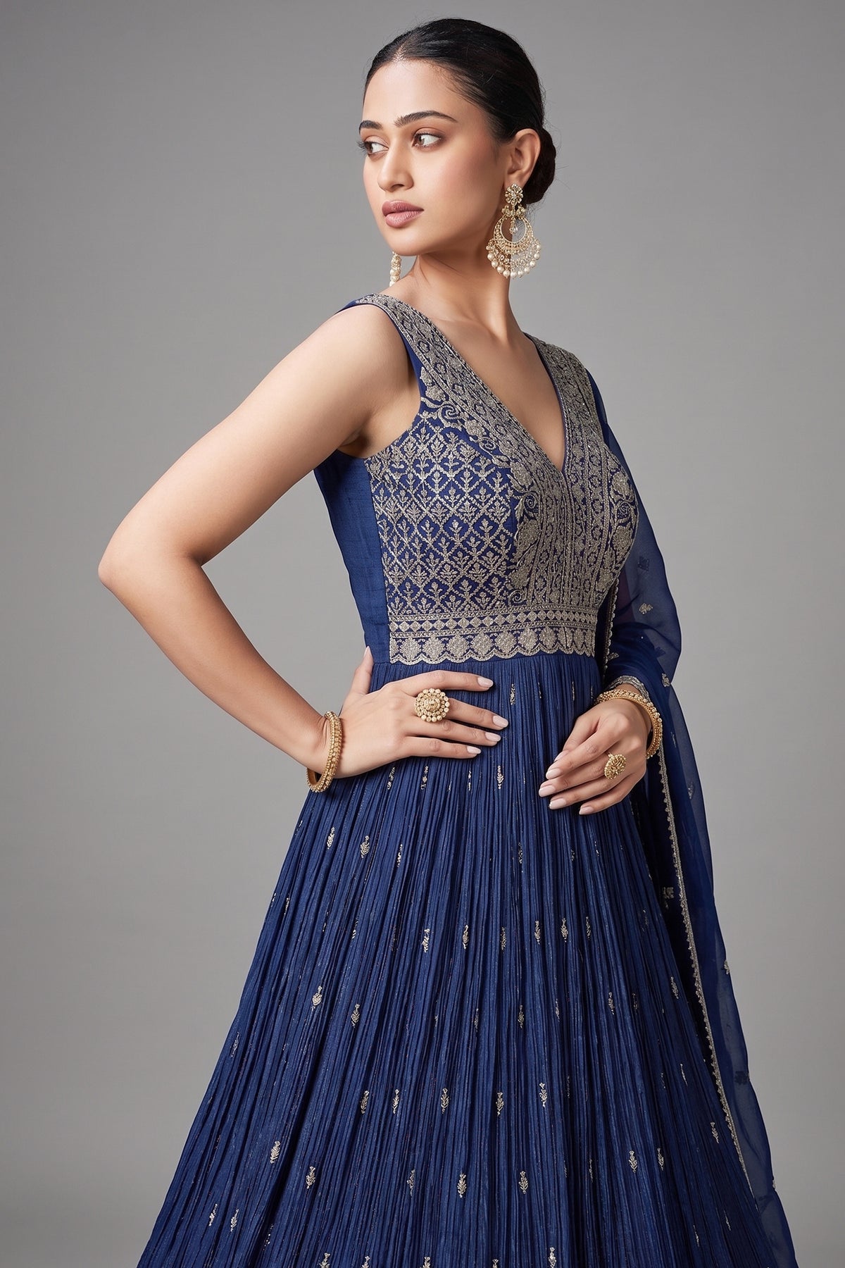 Blue Chinon Sequin Anarkali Suit - blue saree