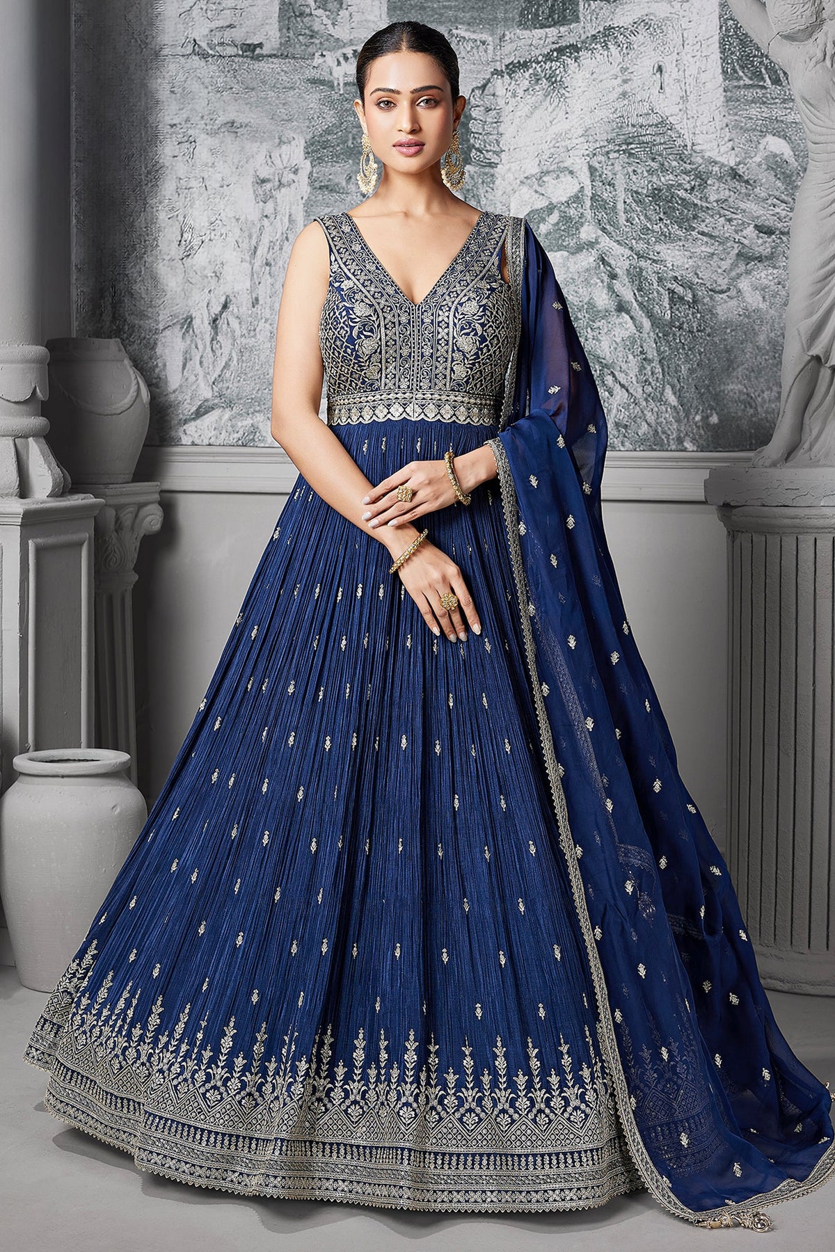 Blue Chinon Sequin Anarkali Suit - blue saree