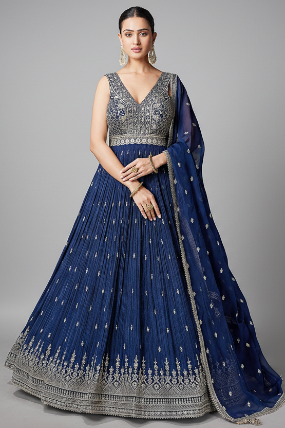 Blue Chinon Sequin Anarkali Suit - blue saree Main image