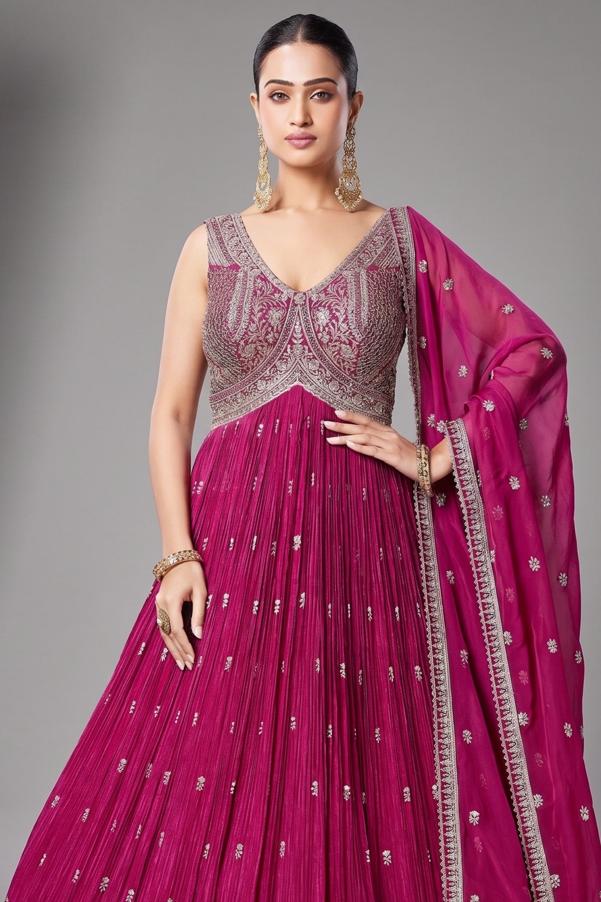Pink Chinon Sequin Embroidered Anarkali Suit - red saree embroidered