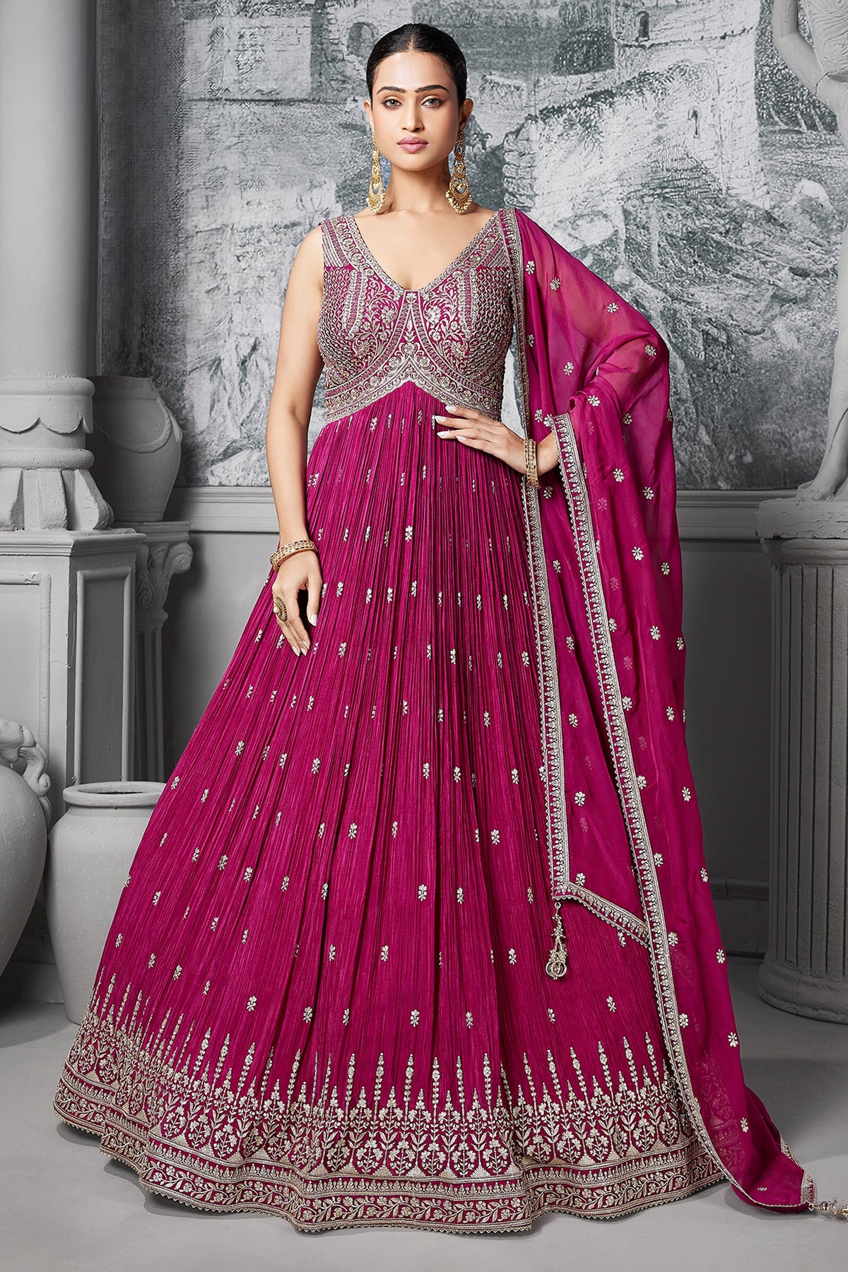 Pink Chinon Sequin Embroidered Anarkali Suit - red saree embroidered