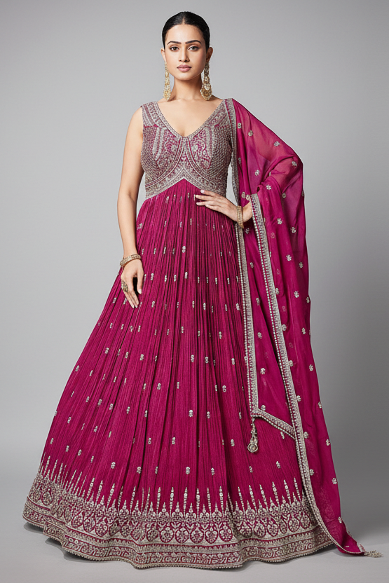 Pink Chinon Sequin Embroidered Anarkali Suit - red saree embroidered