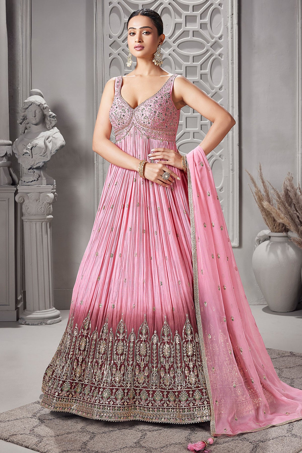 Light Pink and Magenta Ombre Georgette Mirror and Sequin Worked Anarkali Suit