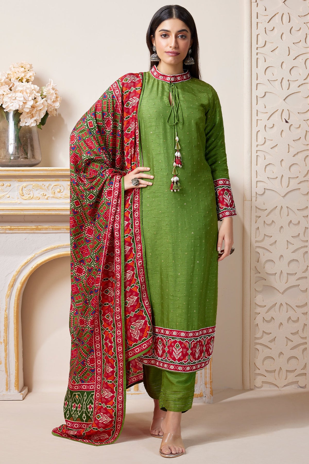 Olive Green Art Silk Sequin Worked High Neck Straight Cut Suit with Patola Dupatta