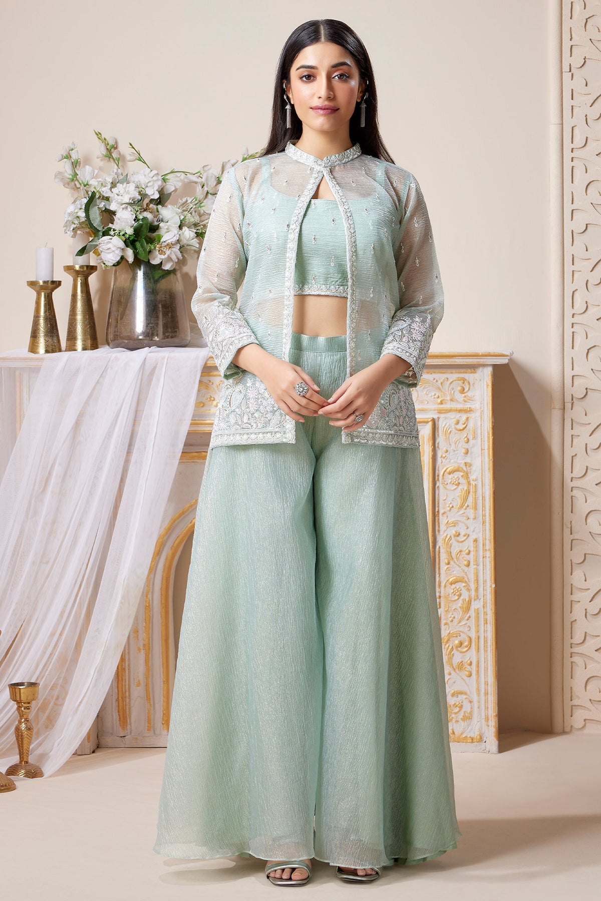 Powder Blue Tissue Sequin Embroidered Crop Top Palazzo Set with Jacket