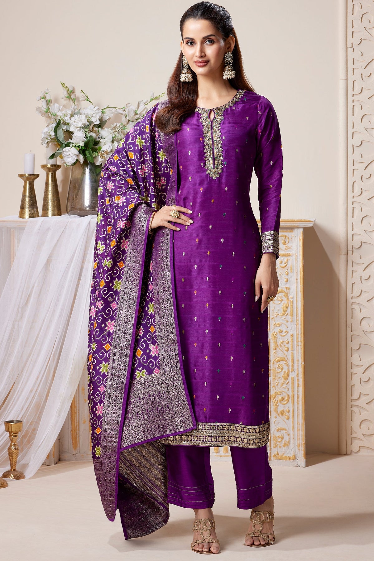 Dark Magenta Art Silk Embroidered Straight Cut Suit