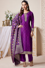 Dark Magenta Art Silk Embroidered Straight Cut Suit
