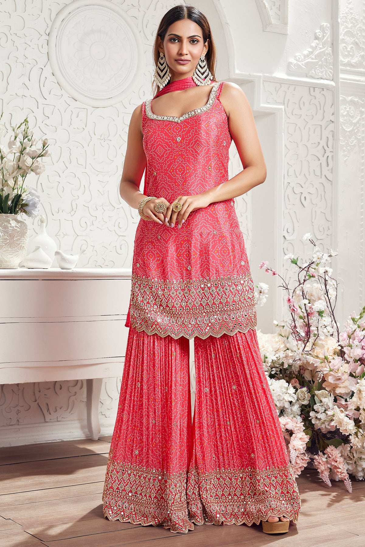 Pink Chinon Crepe Bandhej Printed Sharara Suit with Cutdana and Mirror Work