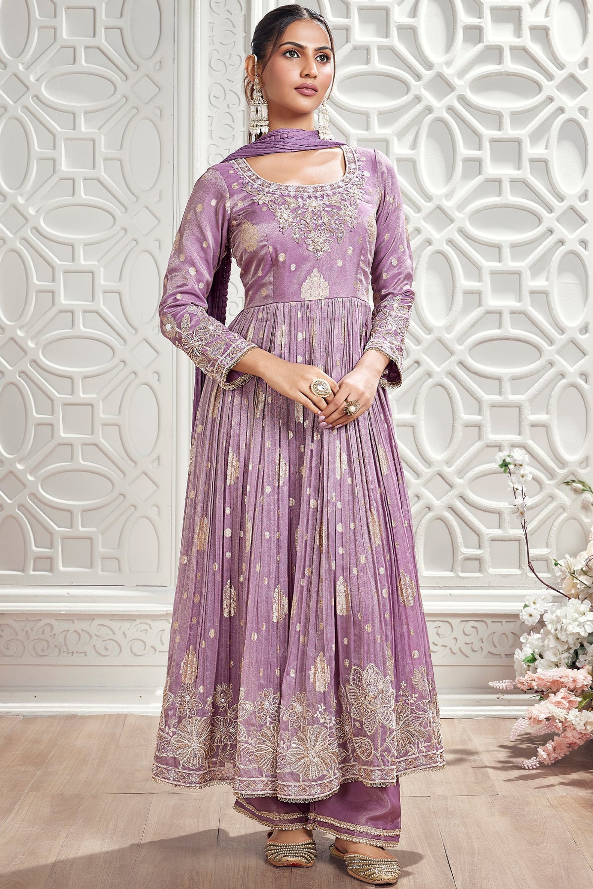 Lilac Purple Tissue Woven Butta Suit with Handwork