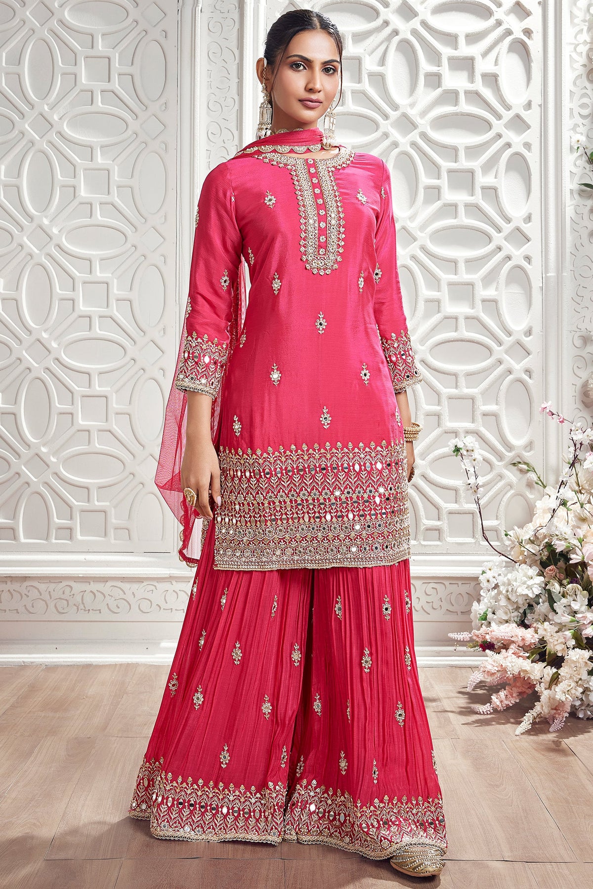 Pink Chinon Sharara Suit with Mirror and Sequins Work