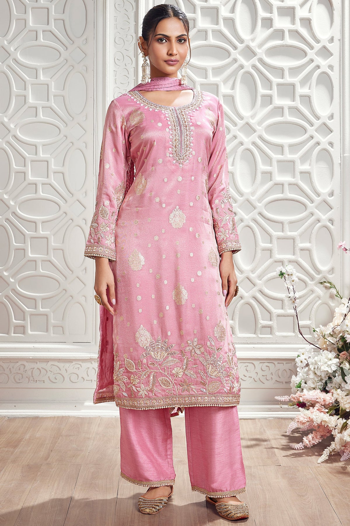 Pink Chinon Straight Cut Woven Butta Suit with Handwork