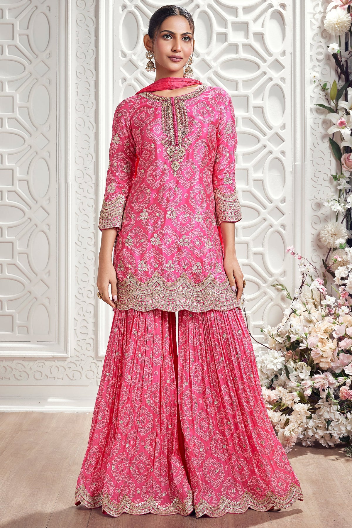 Pink Chinon Crepe Bandhej Printed Sharara Suit with Scallop Sequin Work