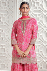 Pink Chinon Crepe Bandhej Printed Sharara Suit with Scallop Sequin Work